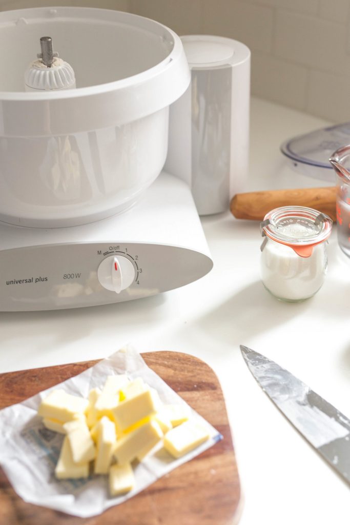 Bosch Mixer Universal Plus on kitchen counter next to butter