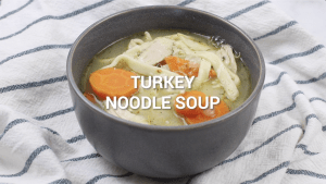 Homemade turkey noodle soup in a bowl.